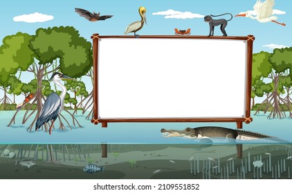 Empty banner in mangrove forest scene with wild animals illustration