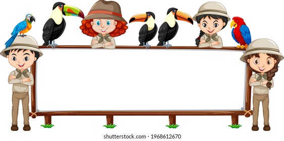 Empty banner with many children and wild animals on white background illustration