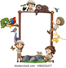 Empty banner with many children and wild animals on white background illustration