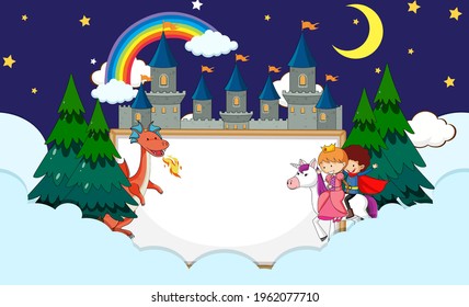 Empty banner in the night sky with fairy tale cartoon character and elements illustration