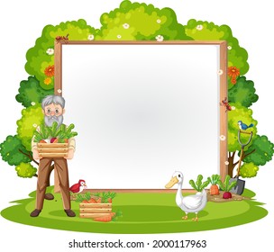 Empty banner with old farmer man in nature scene isolated illustration