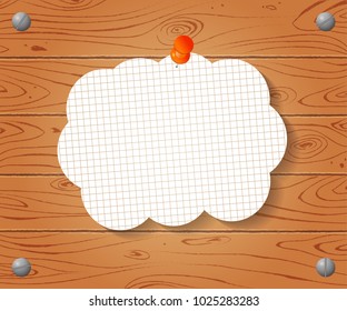 Empty banner on lined notebook paper and push pin on Wooden drawn background