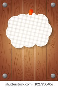 Empty banner on lined notebook paper and push pin on Wooden drawn background