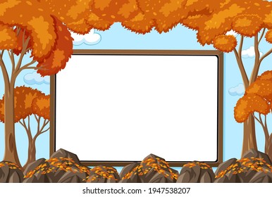 Cartel vacío en el fondo del cielo con muchos árboles en la ilustración de la temporada de otoño