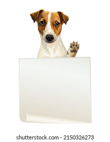 Empty banner with realistic jack russell terrier dog vector illustration. Dog with template isolated on white background. For print, design, T-shirt, banner, poster. Vector illustration