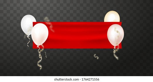 Banner vacío con tela roja y globos voladores. Decoración de diseño. Vector.