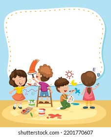 Empty banner template with children in classroom illustration