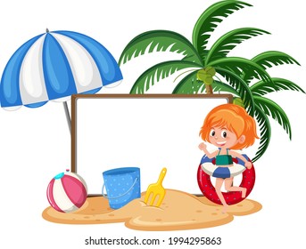 Plantilla de banner vacía con personaje infantil en vacaciones de verano en la playa en la ilustración de fondo blanco