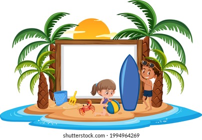 Plantilla de banner vacía con personaje infantil en vacaciones de verano en la playa en la ilustración de fondo blanco