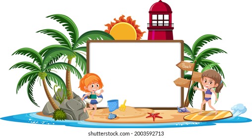 Empty banner template with kids character on summer vacation at the beach on white background illustration