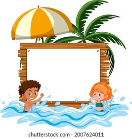 Empty banner template with kids character on summer vacation at the beach on white background illustration