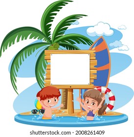 Empty banner template with kids character on summer vacation at the beach on white background illustration