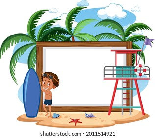 Empty banner template with kids character on summer vacation at the beach on white background illustration