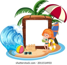 Plantilla de banner vacía con personaje infantil en vacaciones de verano en la playa en la ilustración de fondo blanco