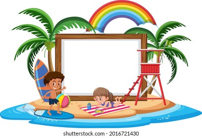 Empty banner template with kids character on summer vacation at the beach on white background illustration