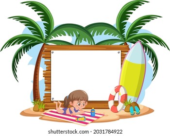 Plantilla de banner vacía con personaje infantil en vacaciones de verano en la playa en la ilustración de fondo blanco