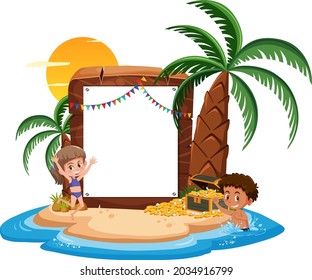 Empty banner template with kids character on summer vacation at the beach on white background illustration