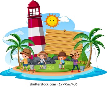 Empty banner template with kids fishing at the beach on white background illustration