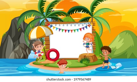Plantilla de banner vacía con niños de vacaciones en la imagen de la puesta de sol en la playa