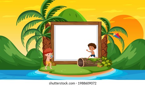 Empty banner template with kids on vacation at the beach sunset scene illustration