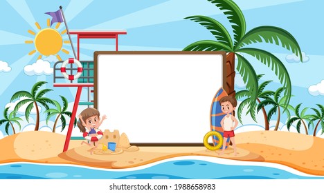 Empty banner template with kids on vacation at the beach daytime scene illustration