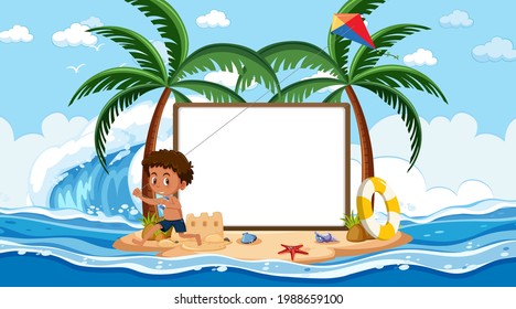 Empty banner template with kids on vacation at the beach daytime scene illustration