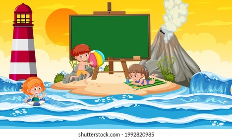 Empty banner template with kids on vacation at the beach sunset scene illustration