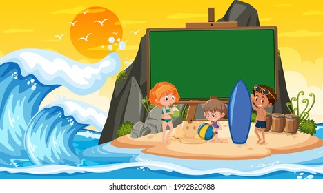 Empty banner template with kids on vacation at the beach sunset scene illustration