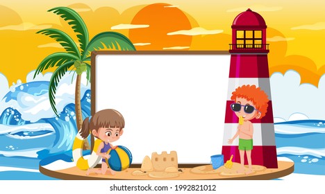 Empty banner template with kids on vacation at the beach sunset scene illustration