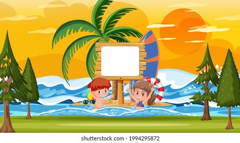Empty banner template with kids on vacation at the beach sunset scene illustration