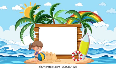 Empty banner template with kids on vacation at the beach daytime scene illustration