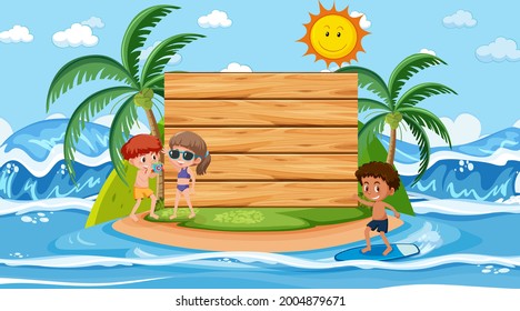 Empty banner template with kids on vacation at the beach daytime scene illustration