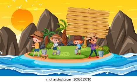 Empty banner template with kids on vacation at the beach sunset scene illustration