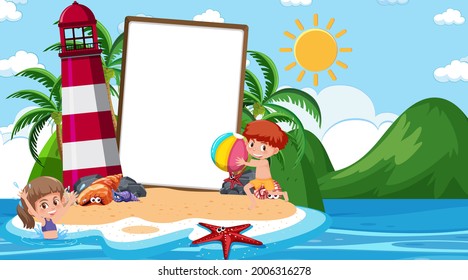 Leere Banner-Vorlage mit Kindern im Urlaub am Strandtagsbild