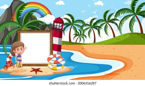 Plantilla de banner vacía con niños de vacaciones en la foto de la escena diurna de la playa