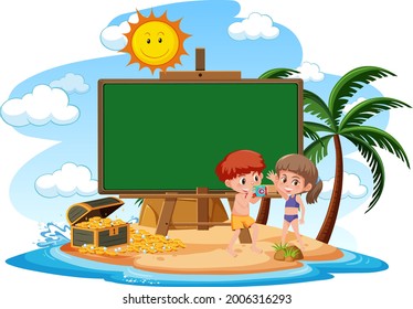 Empty banner template with kids on vacation at the beach on white background illustration