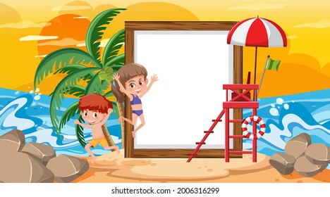 Empty banner template with kids on vacation at the beach sunset scene illustration