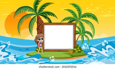 Plantilla de banner vacía con niños de vacaciones en la imagen de la puesta de sol en la playa