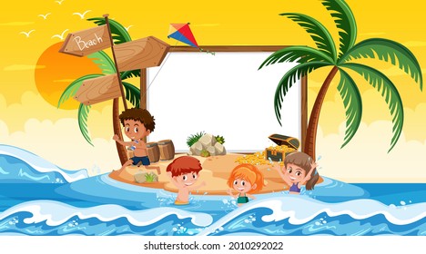 Empty banner template with kids on vacation at the beach sunset scene illustration