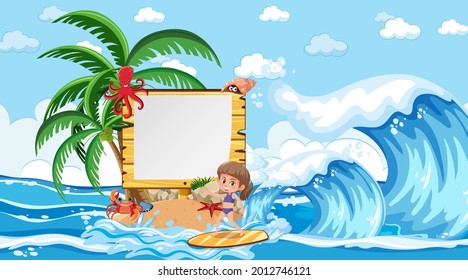 Empty banner template with kids on vacation at the beach daytime scene illustration
