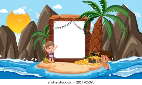 Plantilla de banner vacía con niños de vacaciones en la foto de la escena diurna de la playa