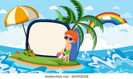 Empty banner template with kids on vacation at the beach daytime scene illustration