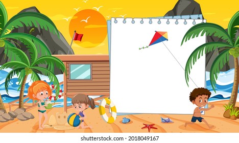 Plantilla de banner vacía con niños de vacaciones en la imagen de la puesta de sol en la playa