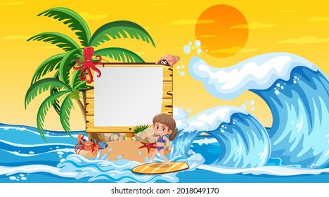 Empty banner template with kids on vacation at the beach sunset scene illustration
