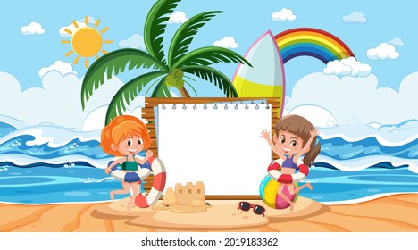 Empty banner template with kids on vacation at the beach daytime scene illustration