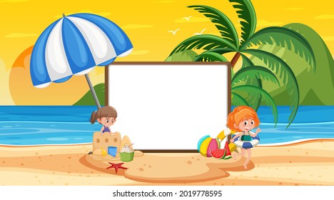 Empty banner template with kids on vacation at the beach sunset scene illustration