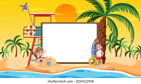 Plantilla de banner vacía con niños de vacaciones en la imagen de la puesta de sol en la playa