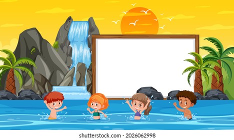 Empty banner template with kids on vacation at the beach sunset scene illustration