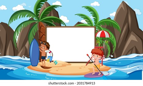 Empty banner template with kids on vacation at the beach daytime scene illustration