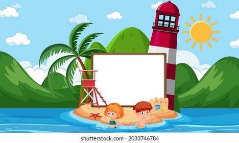 Plantilla de banner vacía con niños de vacaciones en la foto de la escena diurna de la playa